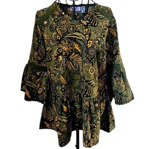 DENIM & CO CROCHET TRIM PAISLEY PEASANT BLOUSE WITH BELL SLEEVES *OLIVE & GOLD